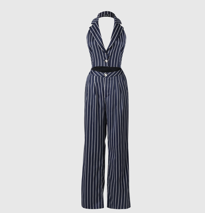 Navy Pinstripe Three Piece Blazer, Vest and Wide Leg Pants Set for Meetings Ready and Executive Elegance Women-Vyana Collective