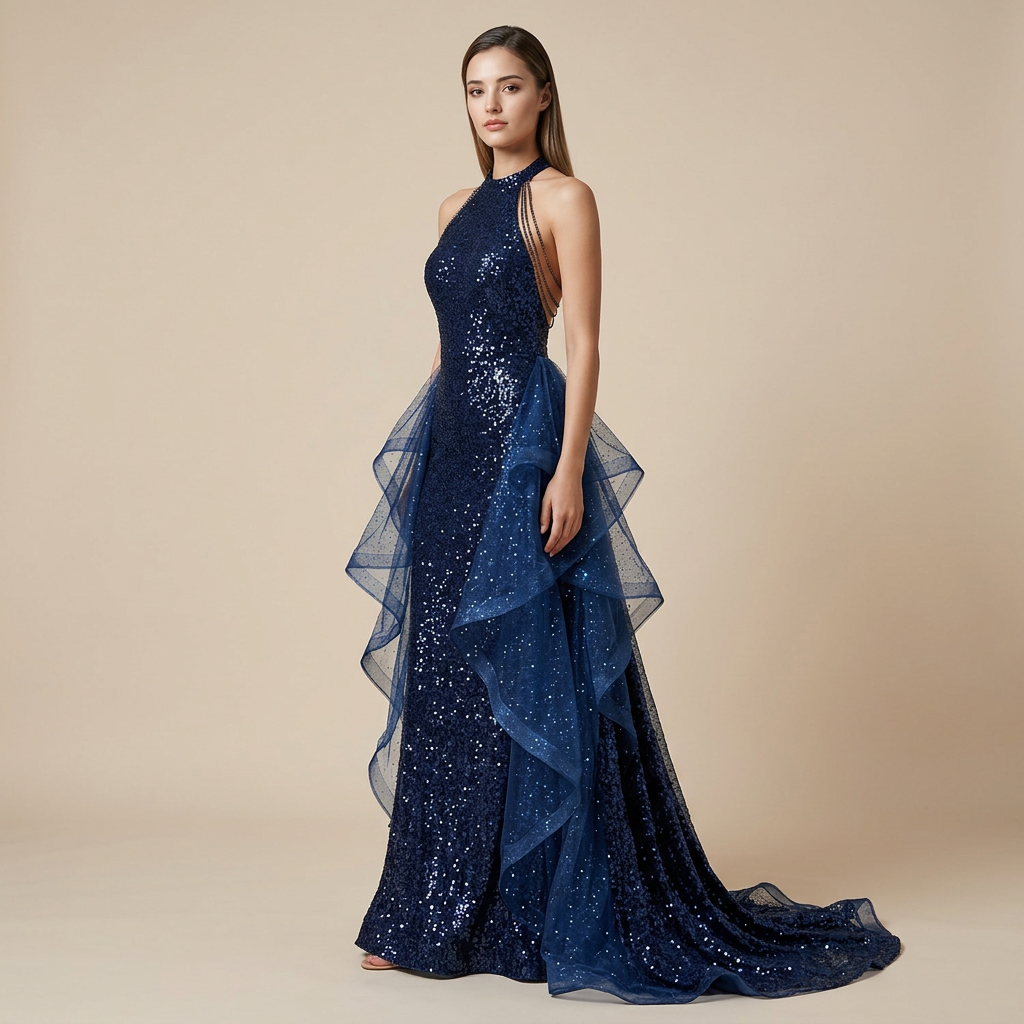 Navy Sequin Halter Mermaid Gown with Ruffle Tulle Train-Vyana Collective