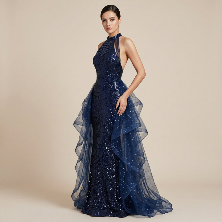Navy Sequin Halter Mermaid Gown with Ruffle Tulle Train-Vyana Collective