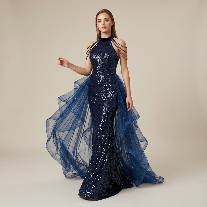 Navy Sequin Halter Mermaid Gown with Ruffle Tulle Train-Vyana Collective
