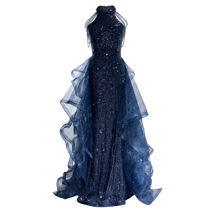 Navy Sequin Halter Mermaid Gown with Ruffle Tulle Train-Vyana Collective