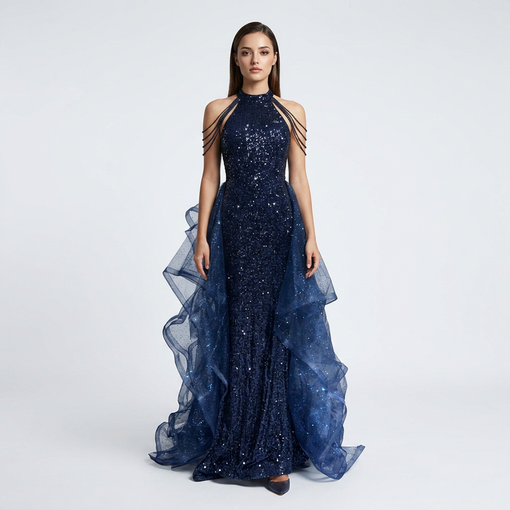 Navy Sequin Halter Mermaid Gown with Ruffle Tulle Train-Vyana Collective
