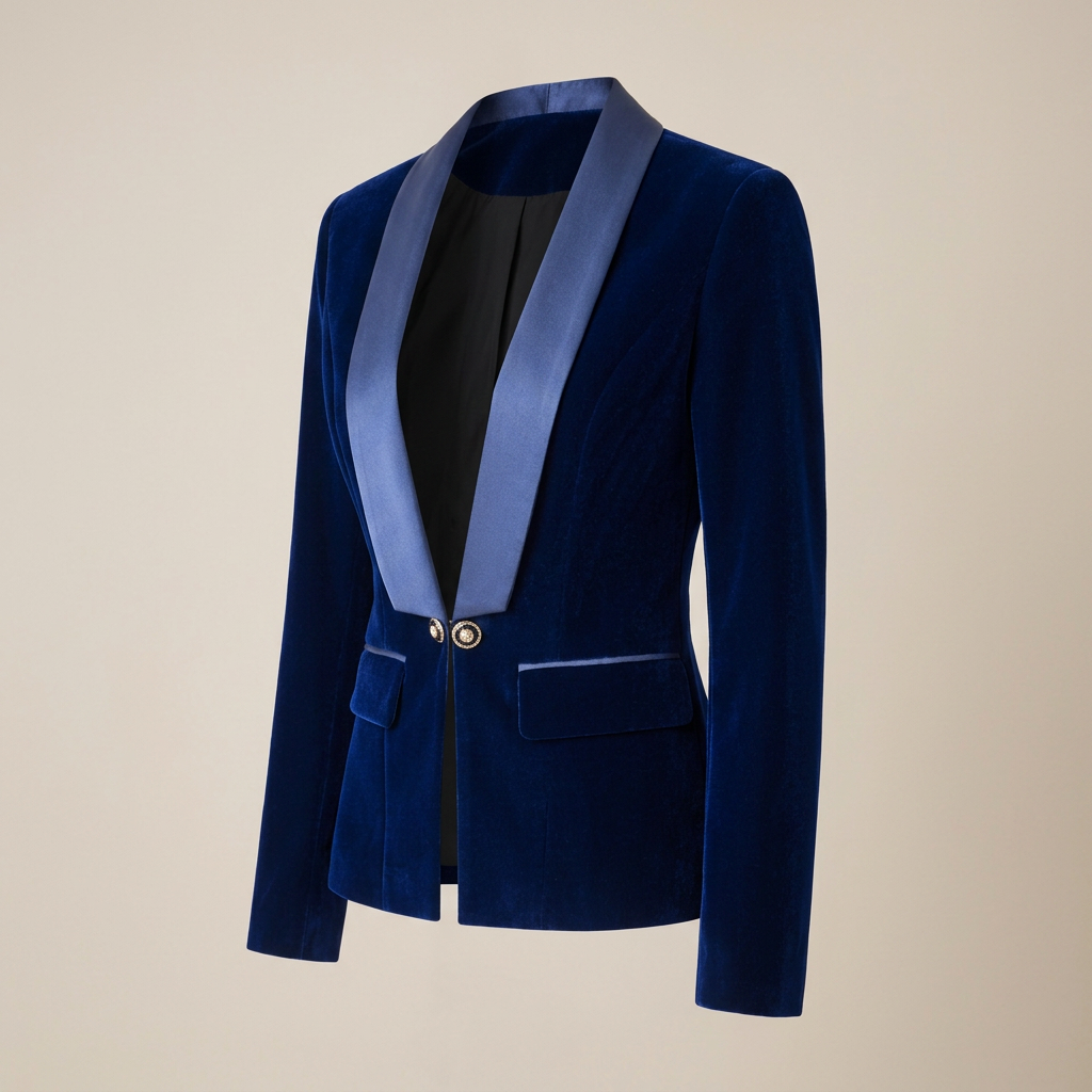 Navy Velvet Satin-Lapel Fitted Blazer-Vyana Collective