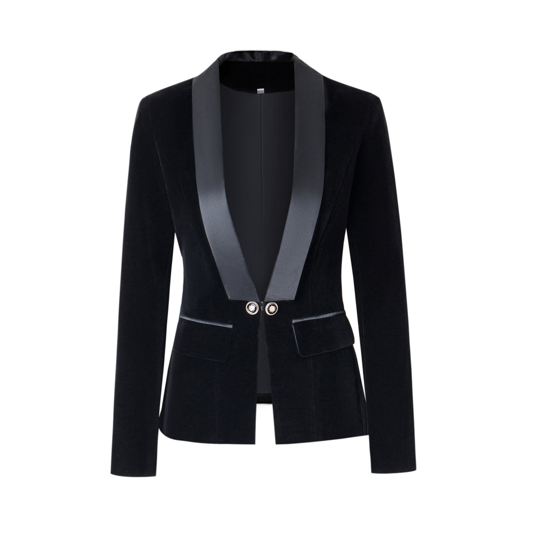 Navy Velvet Satin-Lapel Fitted Blazer-Vyana Collective