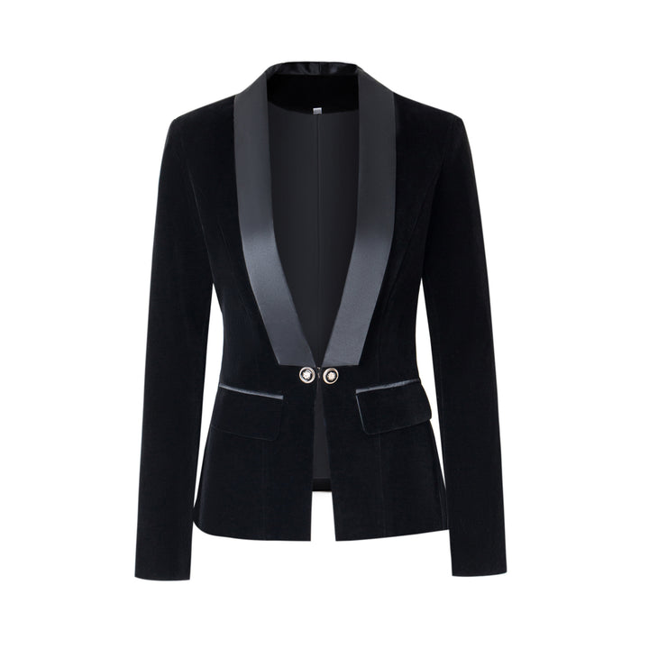 Navy Velvet Satin-Lapel Fitted Blazer-Vyana Collective