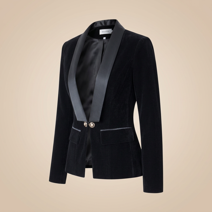 Navy Velvet Satin-Lapel Fitted Blazer-Vyana Collective