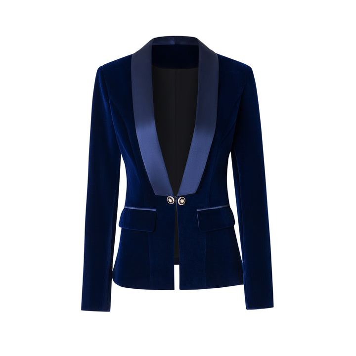 Navy Velvet Satin-Lapel Fitted Blazer-Vyana Collective
