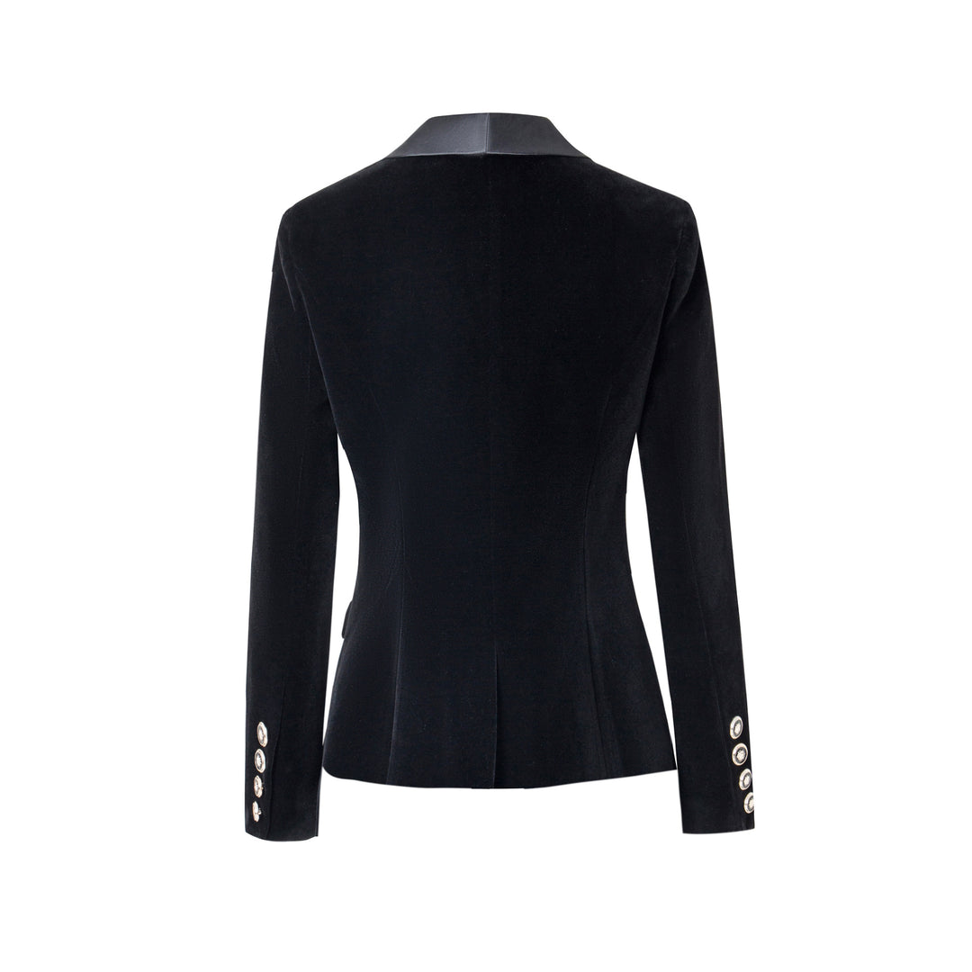 Navy Velvet Satin-Lapel Fitted Blazer-Vyana Collective