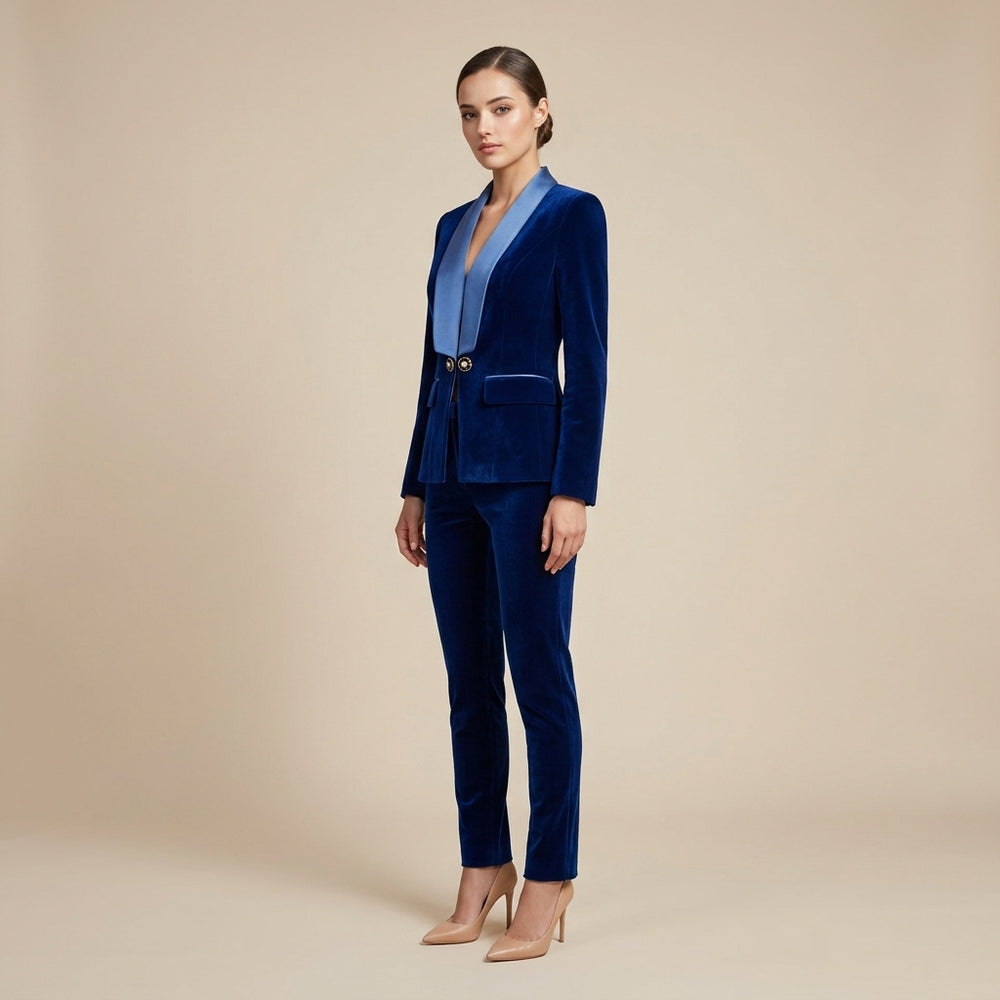 Navy Velvet Satin-Lapel Fitted Blazer-Vyana Collective
