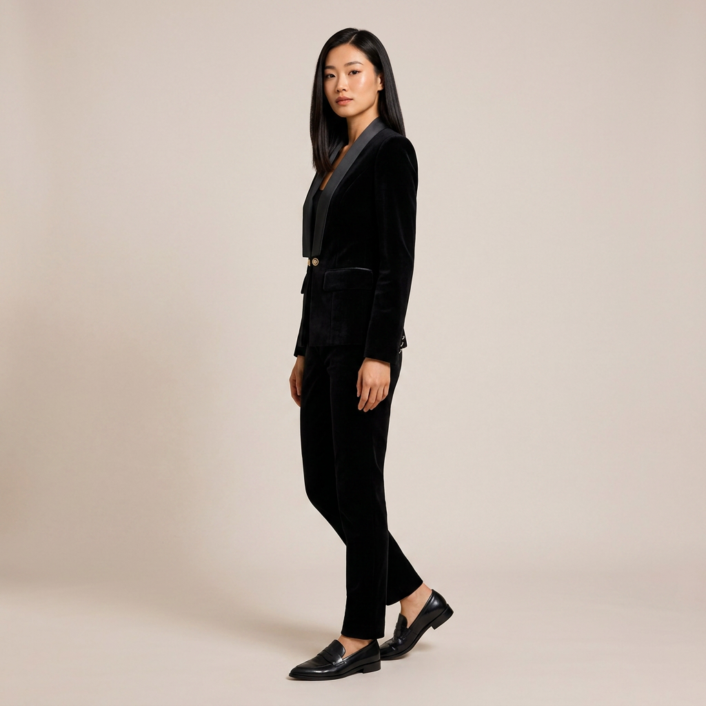 Navy Velvet Satin-Lapel Fitted Blazer-Vyana Collective