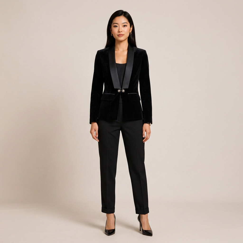 Navy Velvet Satin-Lapel Fitted Blazer-Vyana Collective