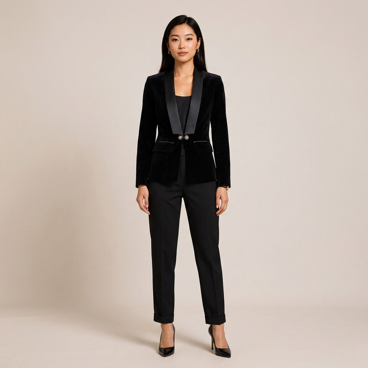 Navy Velvet Satin-Lapel Fitted Blazer-Vyana Collective