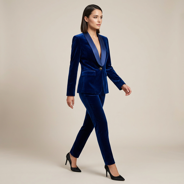 Navy Velvet Satin-Lapel Fitted Blazer-Vyana Collective