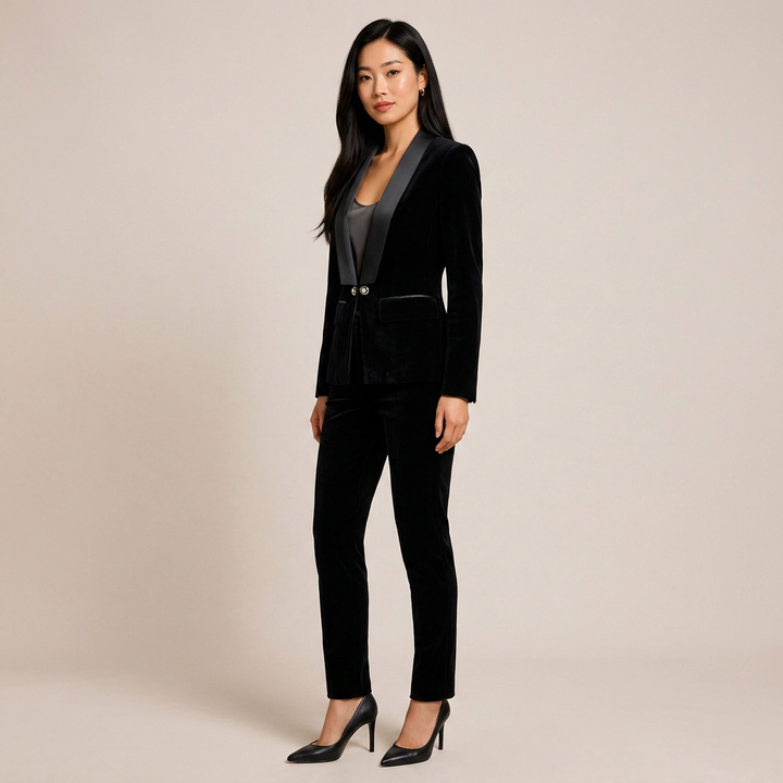 Navy Velvet Satin-Lapel Fitted Blazer-Vyana Collective
