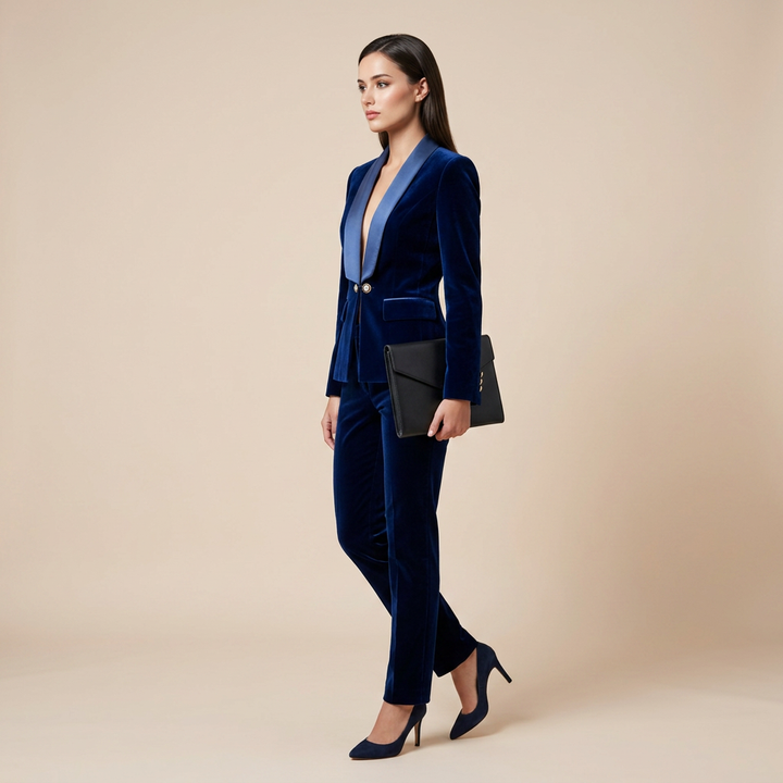 Navy Velvet Satin-Lapel Fitted Blazer-Vyana Collective