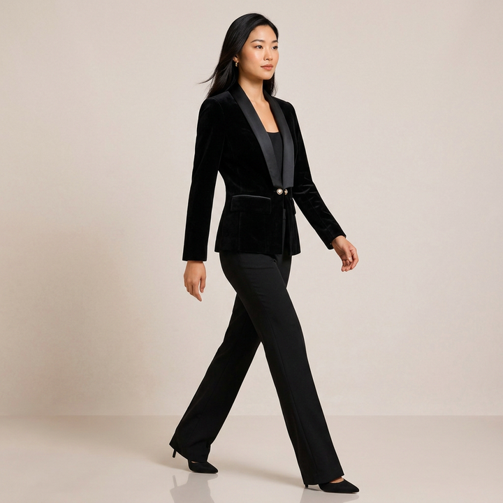 Navy Velvet Satin-Lapel Fitted Blazer-Vyana Collective