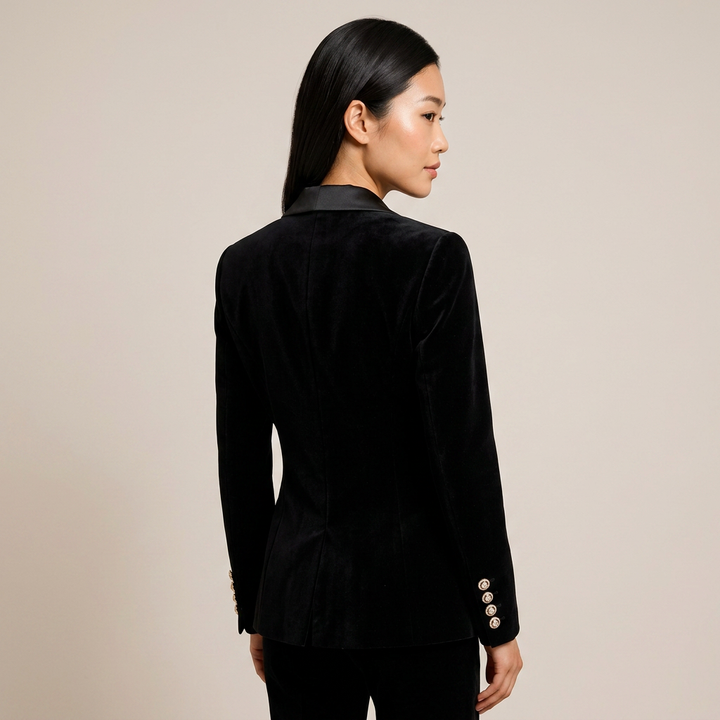 Navy Velvet Satin-Lapel Fitted Blazer-Vyana Collective