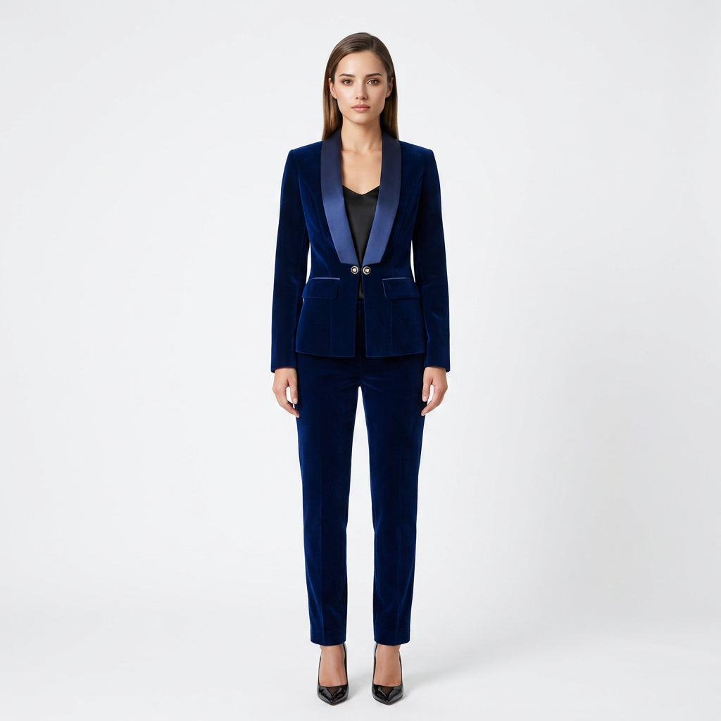 Navy Velvet Satin-Lapel Fitted Blazer-Vyana Collective