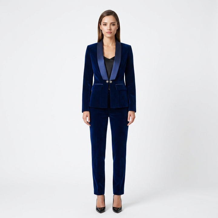 Navy Velvet Satin-Lapel Fitted Blazer-Vyana Collective