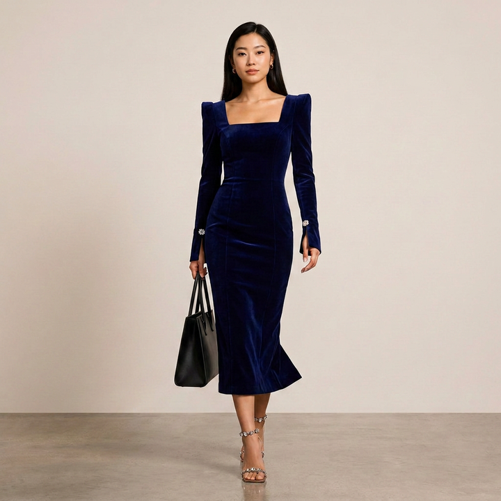 Navy Velvet Square Neck Midi Dress-Vyana Collective