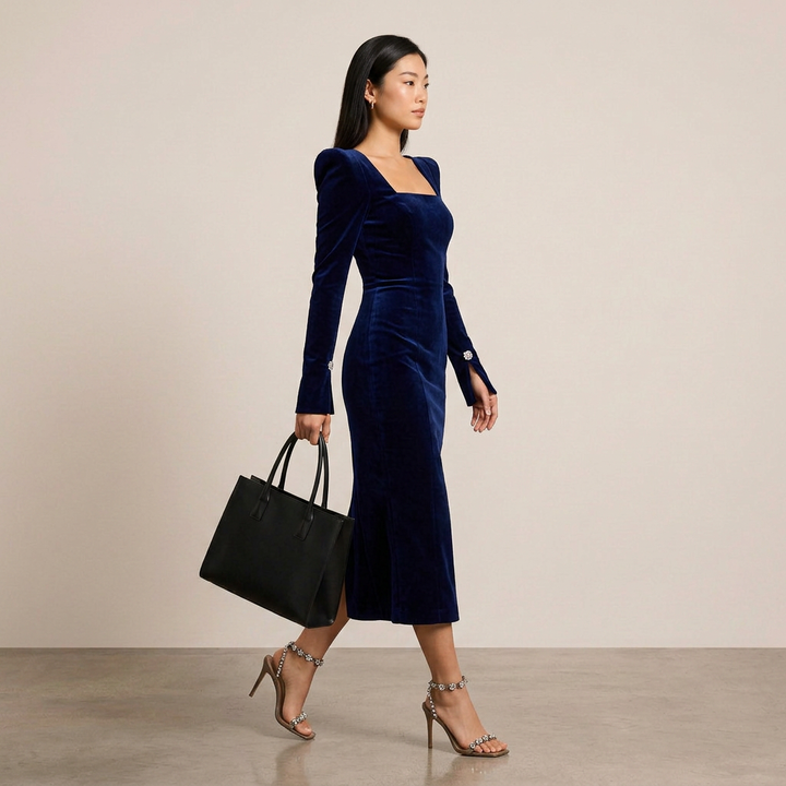 Navy Velvet Square Neck Midi Dress-Vyana Collective