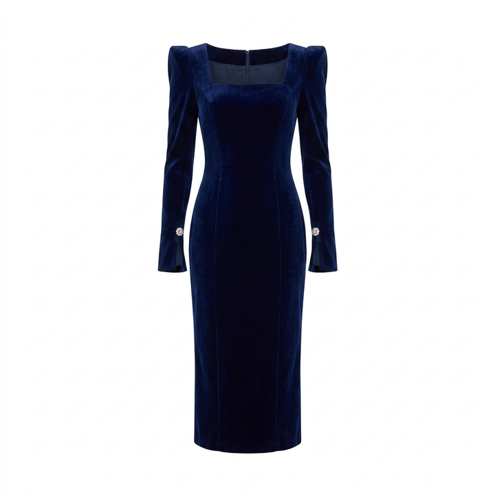 Navy Velvet Square Neck Midi Dress-Vyana Collective