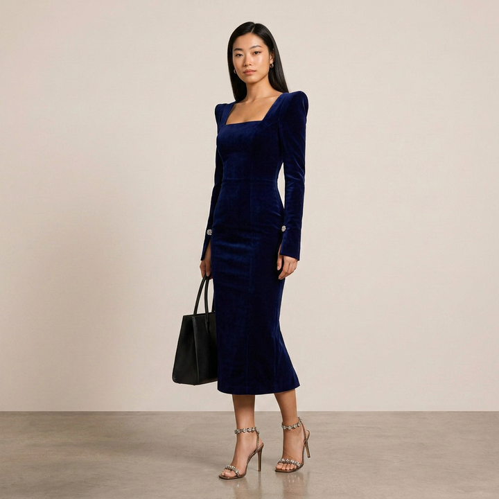 Navy Velvet Square Neck Midi Dress | Vyana Collective-Vyana Collective