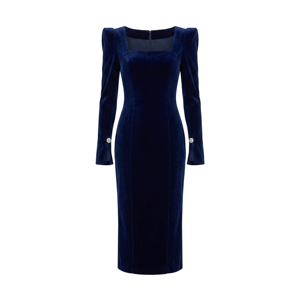 Navy Velvet Square Neck Midi Dress | Vyana Collective-Vyana Collective