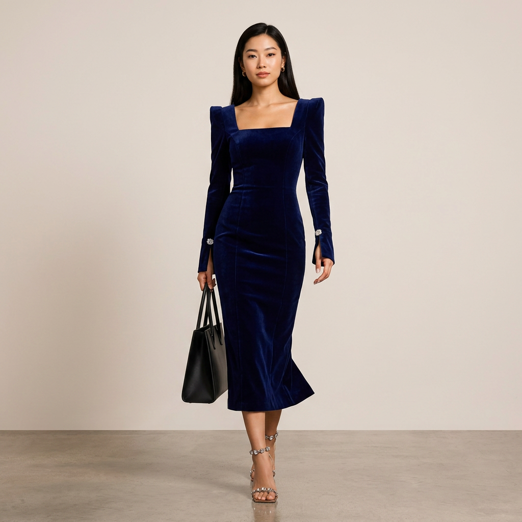 Navy Velvet Square Neck Midi Dress | Vyana Collective-Vyana Collective