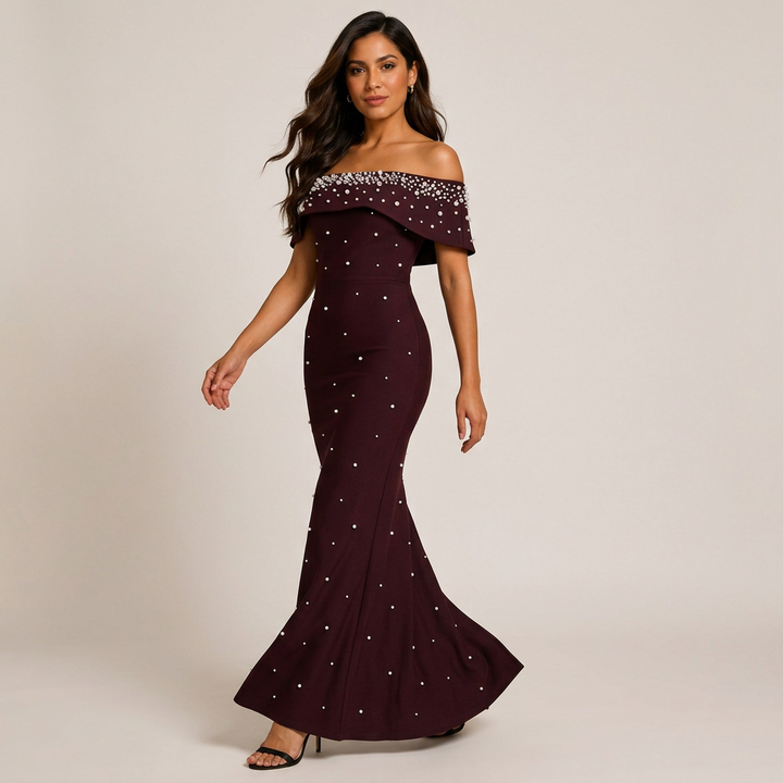 Off-Shoulder Crystal Embellished Bodycon Maxi Dress-Vyana Collective