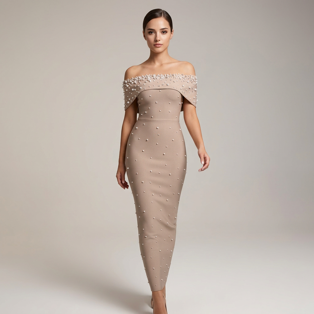 Off-Shoulder Crystal Embellished Bodycon Maxi Dress-Vyana Collective