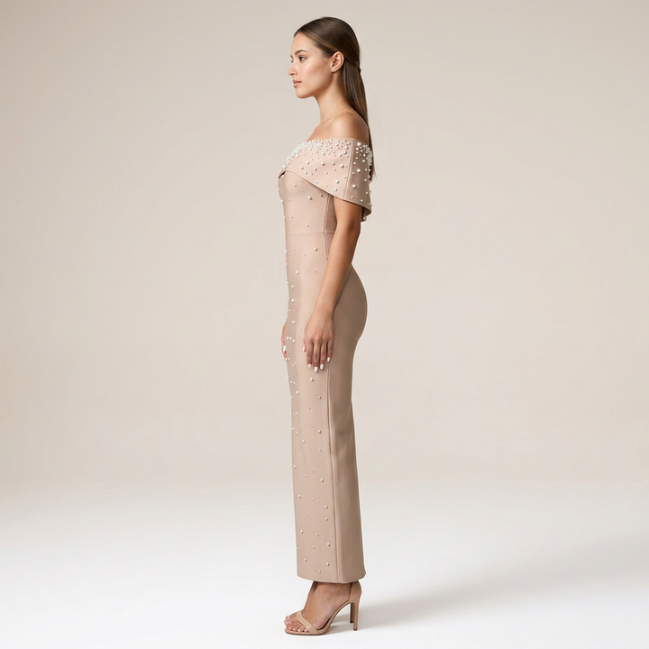 Off-Shoulder Crystal Embellished Bodycon Maxi Dress-Vyana Collective