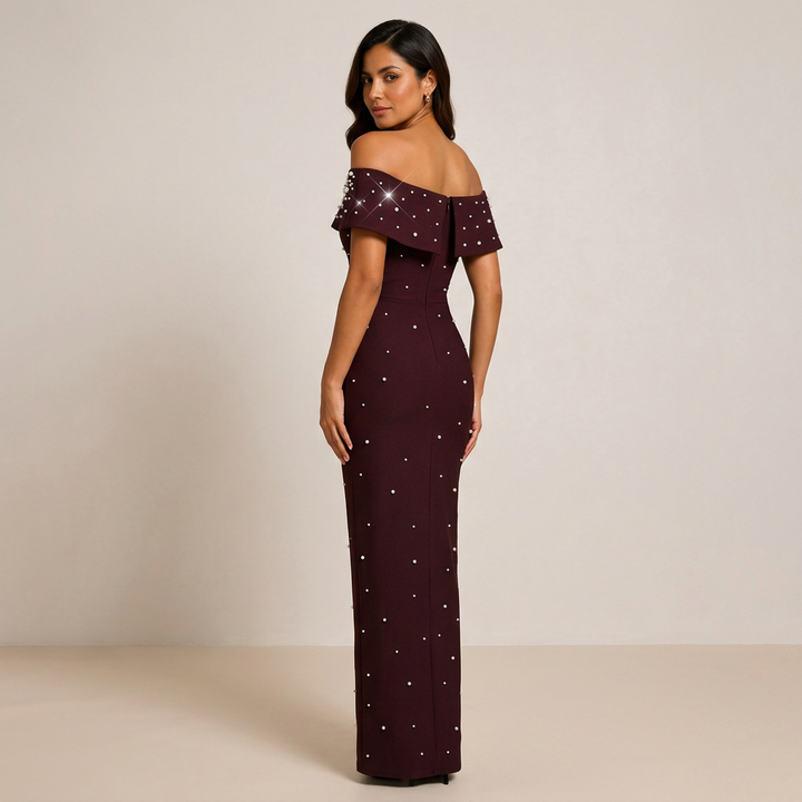 Off-Shoulder Crystal Embellished Bodycon Maxi Dress-Vyana Collective