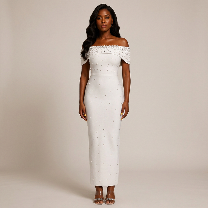 Off-Shoulder Crystal Embellished Bodycon Maxi Dress-Vyana Collective
