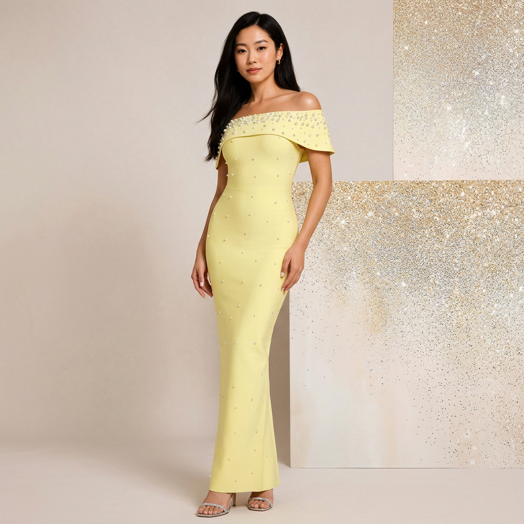 Off-Shoulder Crystal Embellished Bodycon Maxi Dress-Vyana Collective
