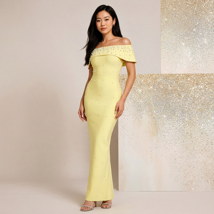 Off-Shoulder Crystal Embellished Bodycon Maxi Dress-Vyana Collective