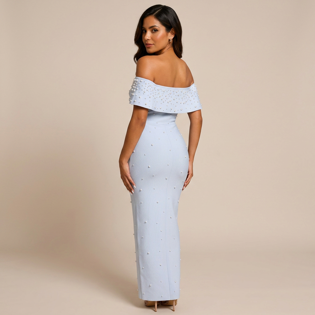 Off-Shoulder Crystal Embellished Bodycon Maxi Dress-Vyana Collective