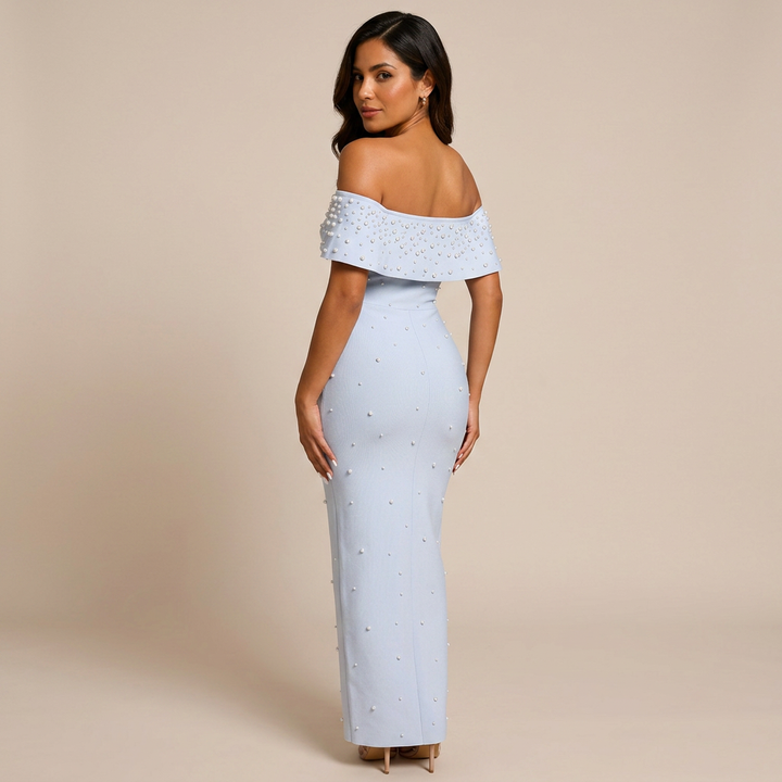 Off-Shoulder Crystal Embellished Bodycon Maxi Dress-Vyana Collective