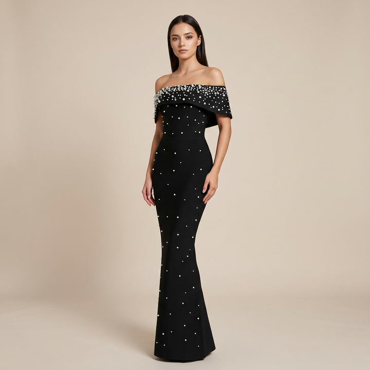 Off-Shoulder Crystal Embellished Bodycon Maxi Dress-Vyana Collective