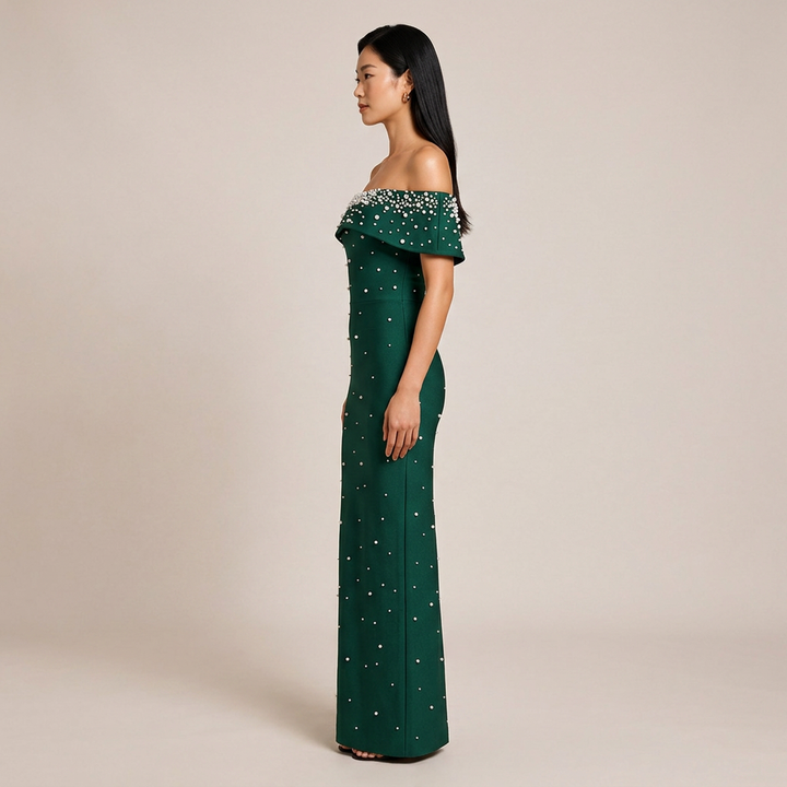 Off-Shoulder Crystal Embellished Bodycon Maxi Dress-Vyana Collective