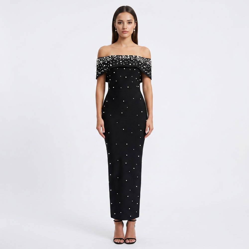 Off-Shoulder Crystal Embellished Bodycon Maxi Dress-Vyana Collective