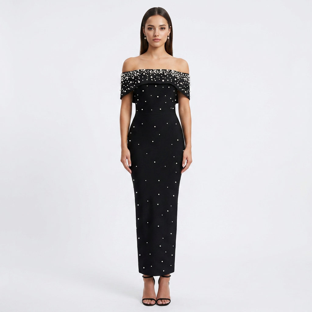 Off-Shoulder Crystal Embellished Bodycon Maxi Dress-Vyana Collective