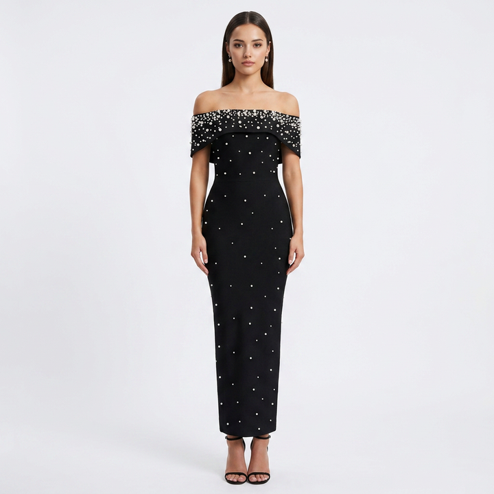 Off-Shoulder Crystal Embellished Bodycon Maxi Dress-Vyana Collective