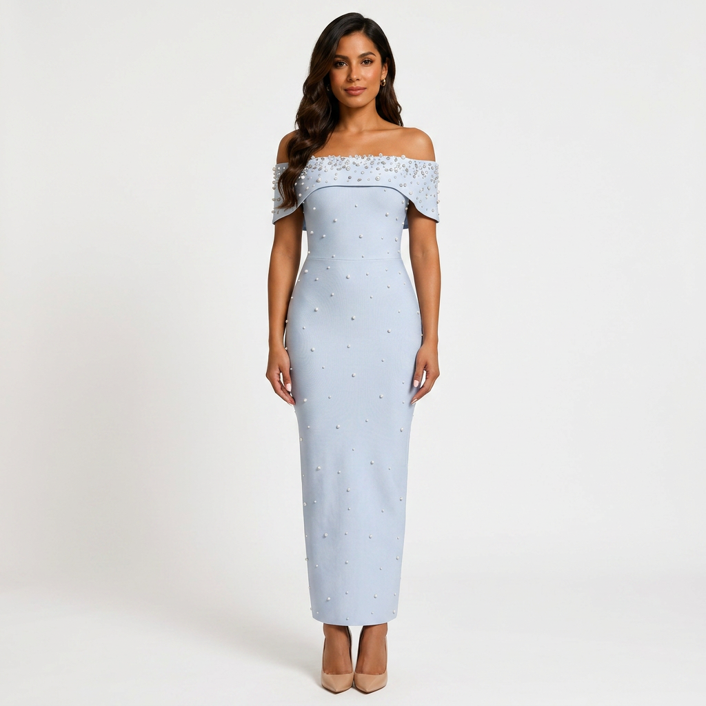 Off-Shoulder Crystal Embellished Bodycon Maxi Dress-Vyana Collective