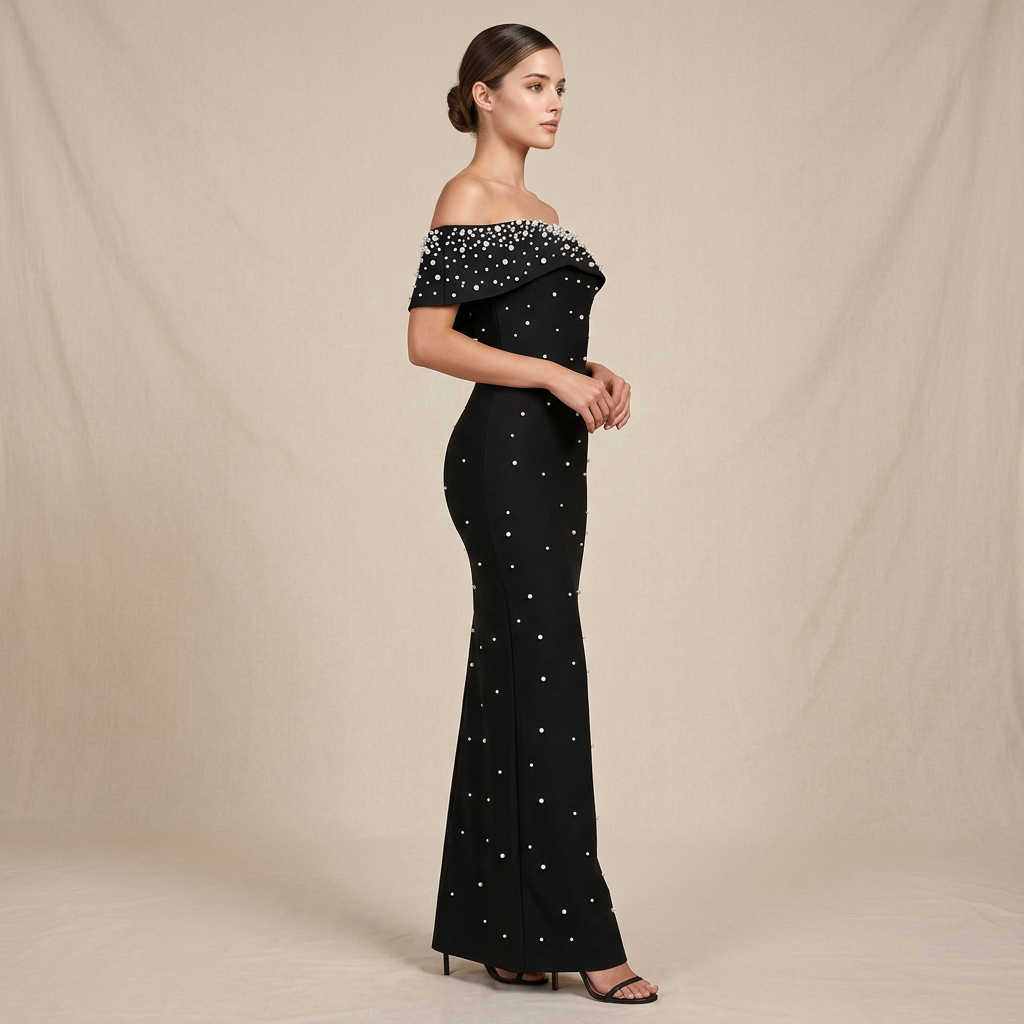 Off-Shoulder Crystal Embellished Bodycon Maxi Dress-Vyana Collective