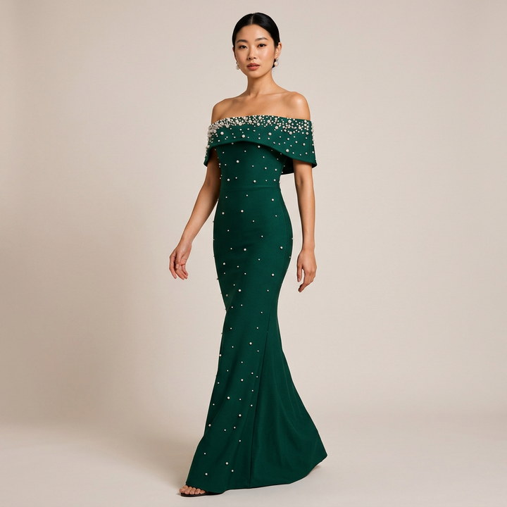 Off-Shoulder Crystal Embellished Bodycon Maxi Dress-Vyana Collective