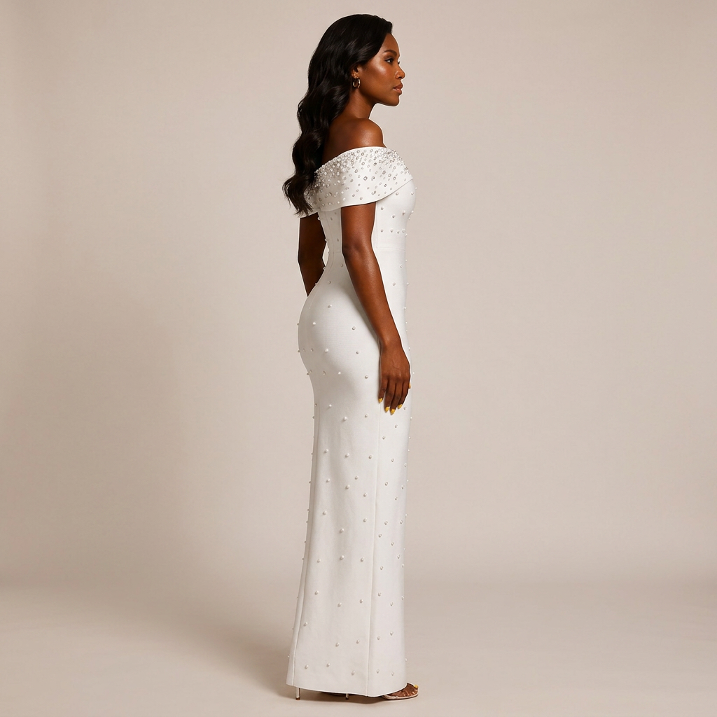 Off-Shoulder Crystal Embellished Bodycon Maxi Dress-Vyana Collective