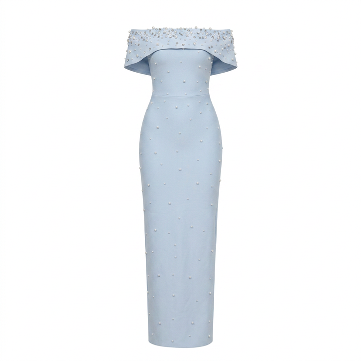 Off-Shoulder Crystal Embellished Bodycon Maxi Dress-Vyana Collective