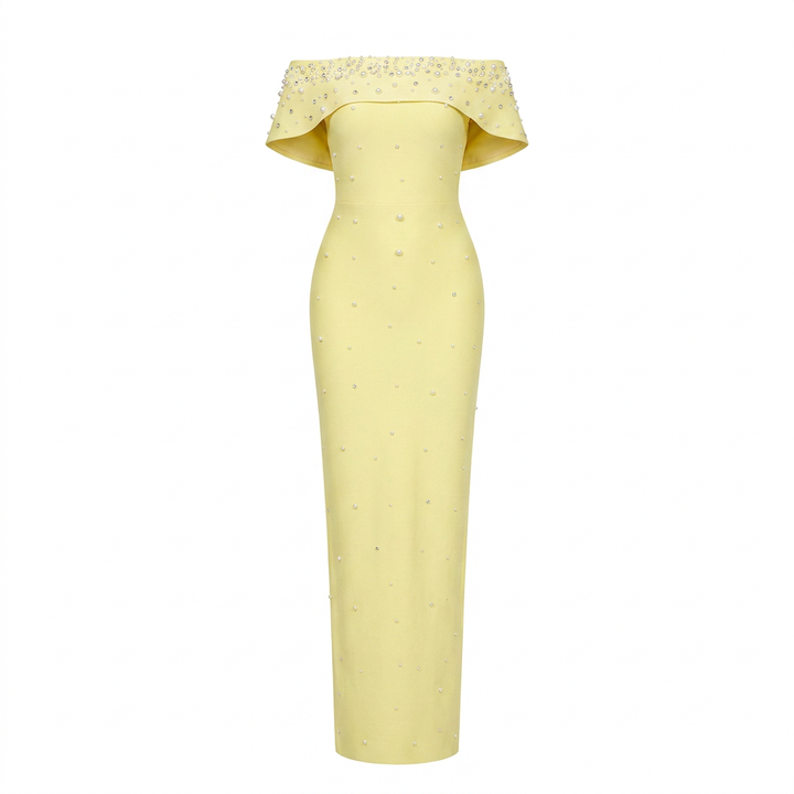 Off-Shoulder Crystal Embellished Bodycon Maxi Dress-Vyana Collective