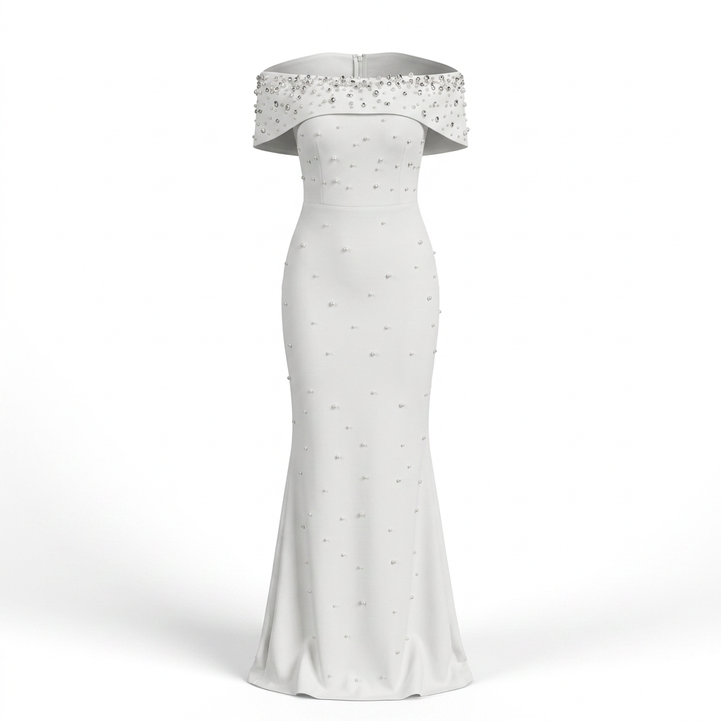 Off-Shoulder Crystal Embellished Bodycon Maxi Dress-Vyana Collective